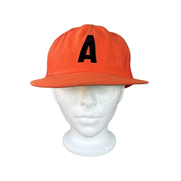 Vintage New Era Hat Cap Snap Back Orange White Mesh Trucker Letter A USA - Picture 1 of 15